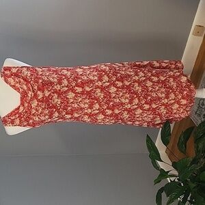 Jones New York Red and Tan Lined Floral Drape Neck Pullover Dress - Size 14